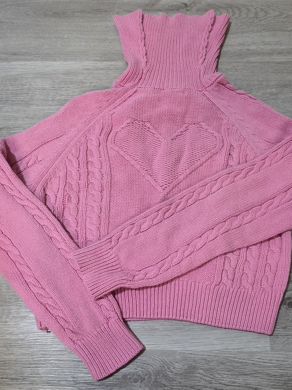 Forever 21 Pink Cable-Knit Turtleneck Sweater with Heart Motif